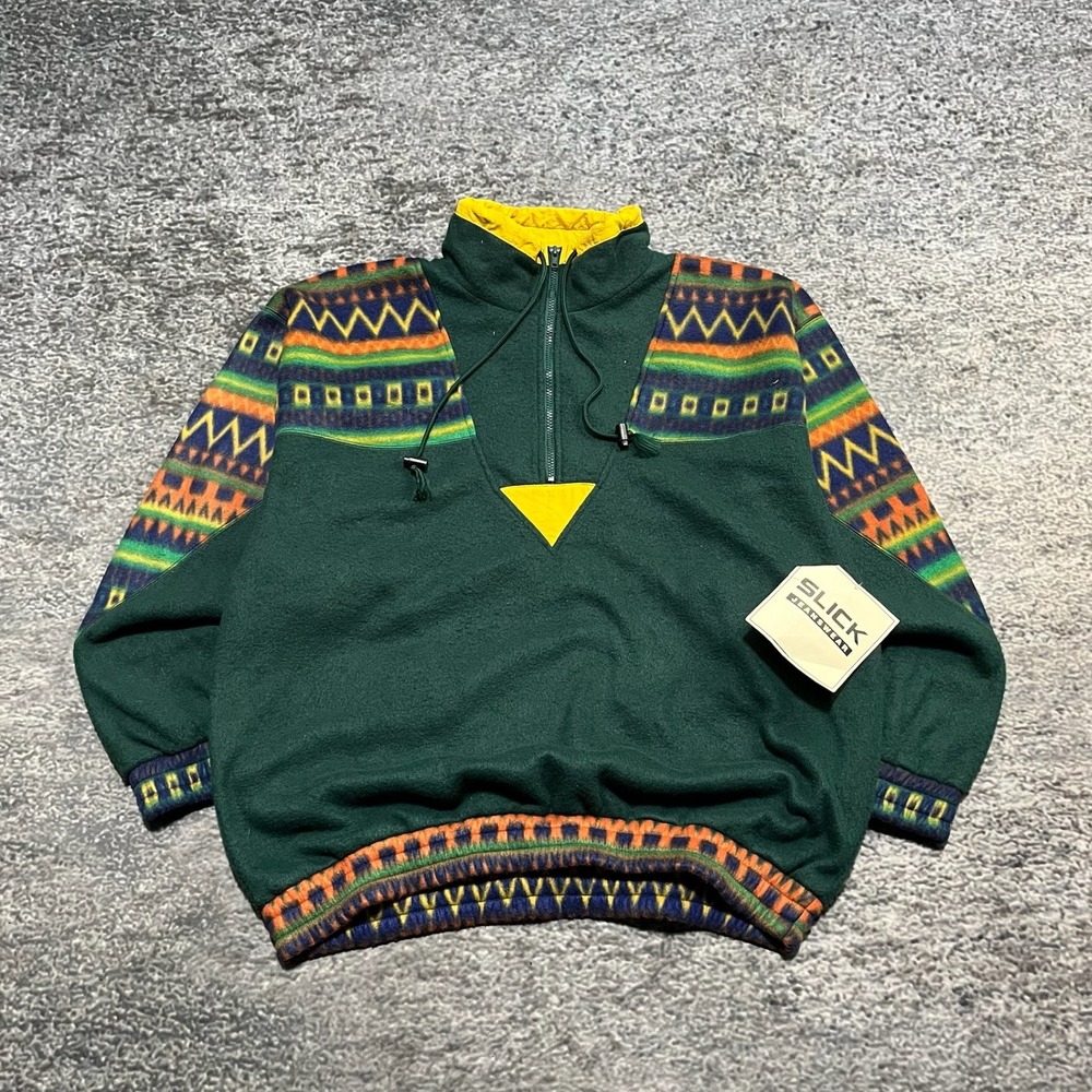Vintage Slick Jeanswear Fleece Jacket Mens‎ XL Green 1/4 Zip Aztec 80s 90s